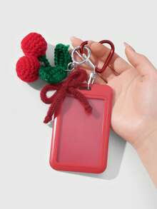 ROMWE Kawaii 1件甜美时尚高品质学院风秋冬红色毛绒球毛线蝴蝶结可调节挂绳纯色透明校园卡证件套DIY钥匙扣包饰，适合上班族、学生日常佩戴及情人节礼物 - 紅色-92 - 查看 2