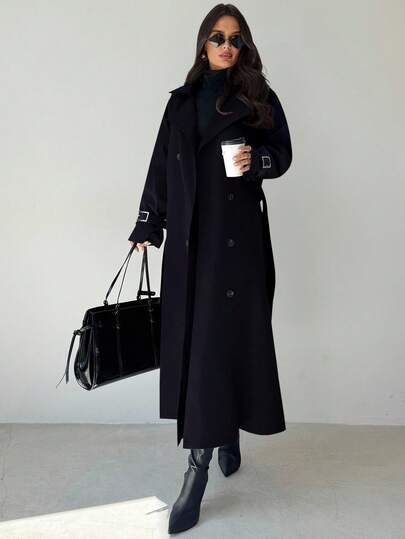 Firerie Women's Khaki Lapel Faux Leather Sleeve Cinched Waist Double-Breasted Mid-Length Trench Coat, Long Sleeve Windbreaker, Spring Autumn Winter Clothing, Commuting, Elegant, Everyday, Work Attire