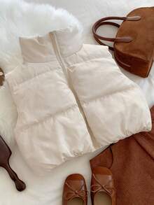 Comfortcana 纯色拉链前开襟短款背心冬装外套 - 杏色 - 查看 6