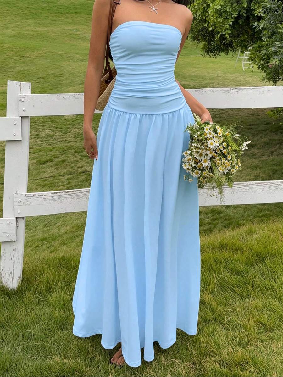 SHEIN EZwear Summer Casual Light Blue Long Dress For Women, Valentine's Day Dress - Baby Blue - View 1