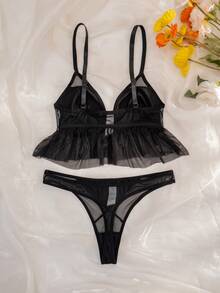 AltCore 2pcs Women's PU Leather Contrast Mesh Comfortable Wireless Triangle Cup Bra And Thong Set - Black - View 2