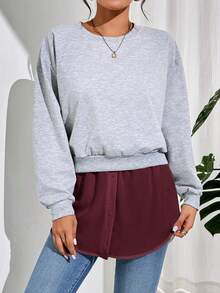 SHEIN Essnce 卫衣伴侣女士休闲衬衫下摆假叠穿工具百搭半裙白色滚边臀部遮盖 - 酒紅色 - 查看 6