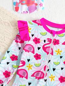 Baby Girls 1-Piece Swimsuit With Hat,Fuchsia Bow & Flamingo Print Long Sleeve Rash Guard Bathing Suit,Summer Holiday Beach Pool Swimwear For 12 Month - Pink - View 5