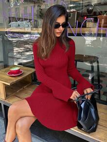 Aloruh 优雅红色立领喇叭袖针织连衣裙，秋冬 - 紅色 - 查看 5