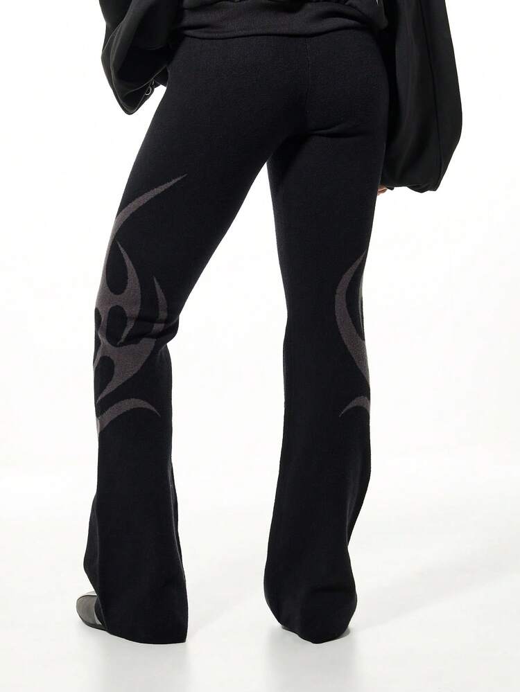 SUMWON Knitted Fold Over Waistband Flared Flame Graphic Trousers Casual Lounge Pants With High Rise Design