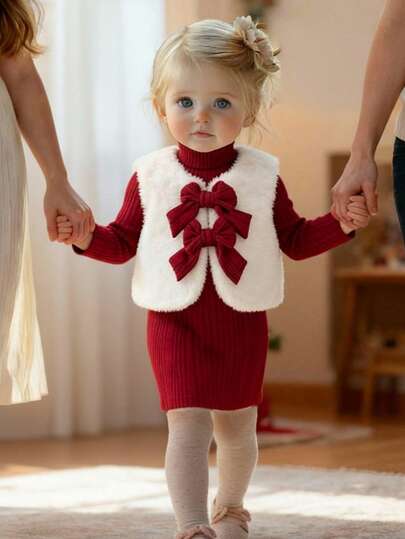 SHEIN Babygirl 优雅可爱蝴蝶结装饰无袖长袖连衣裙，红色