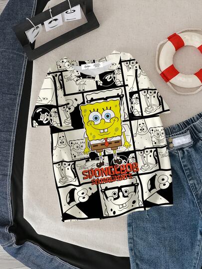 SpongeBob SquarePants | SHEIN 小男孩夏季休闲街头卡通拼布印花短袖T恤
