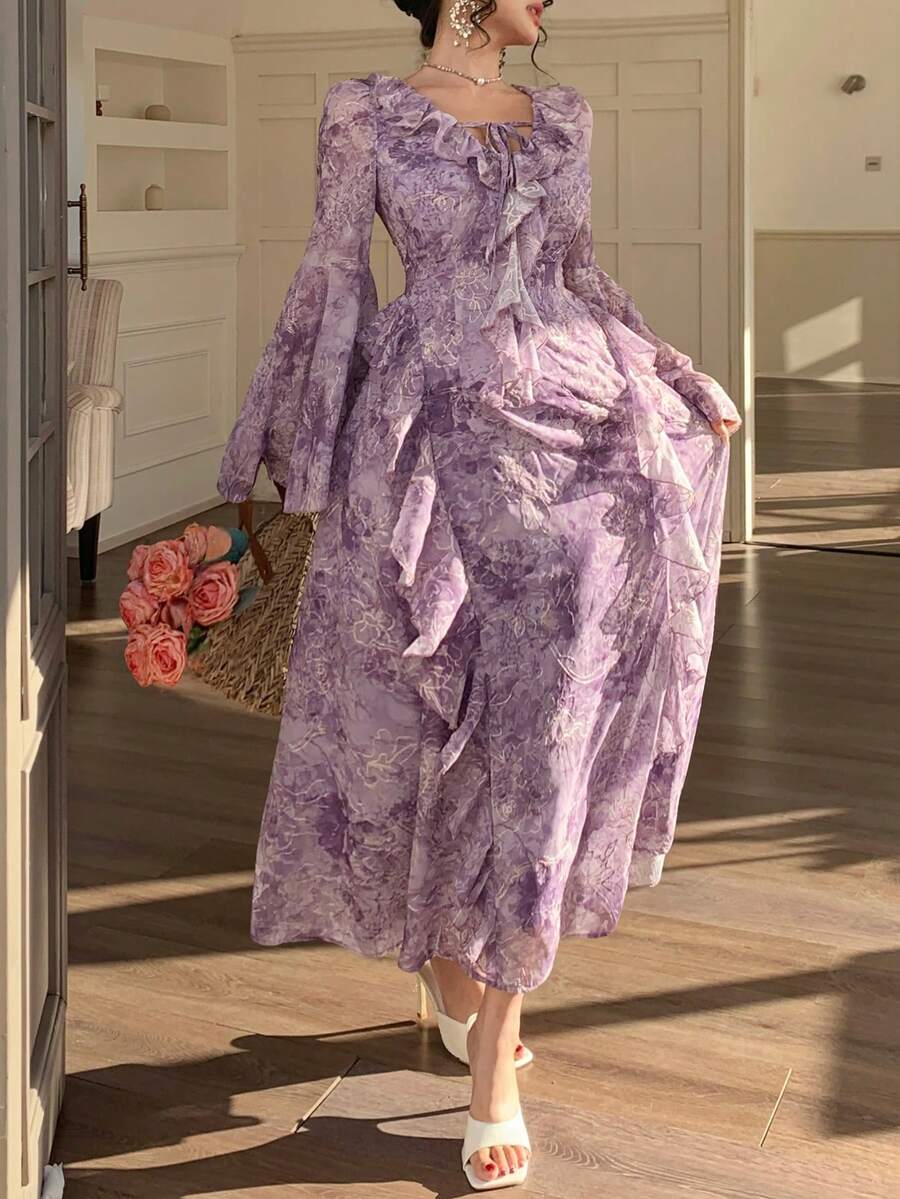DAZY Đầm maxi nữ in hoa, phối họa tiết, tay bồng, kiểu dáng thanh lịch, thích hợp cho mùa hè. - Màu tím - Xem 1