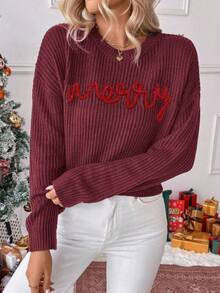 EMERY ROSE Women's Crew Neck Drop Shoulder Long Sleeve Letter Knit Sweater - Red - View 5