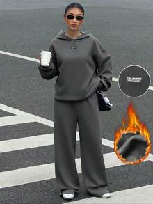 SHEIN EZwear 深灰色休闲宽松连帽衫和运动裤字母印花街头风套装，大码，秋冬款 - 深灰色 - 查看 3