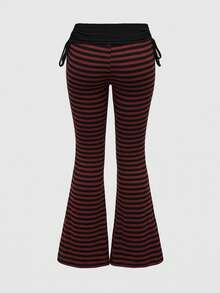 ROMWE Grunge Punk Spring/Summer Plus Size Women Punk Style Striped Drawstring Flare Pants - Red - View 2