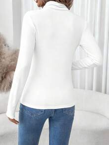 SHEIN LUNE 女士休闲高领长袖紧身打底T恤，适合秋冬季嘉年华穿着，女士长袖高领上衣，休闲款 - 白色 - 查看 2