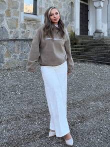 Jeta Ari Women's Autumn/Winter Letter & Mountain Embroidery Drop Shoulder Long Sleeve Zip-Up Casual Hoodie - Mocha Brown - View 6