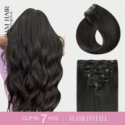 7 PIEZAS con 16 Clips Extensiones de cabello humano natural virgen con doble trama, fáciles de usar con clips para uso diario de mujeres