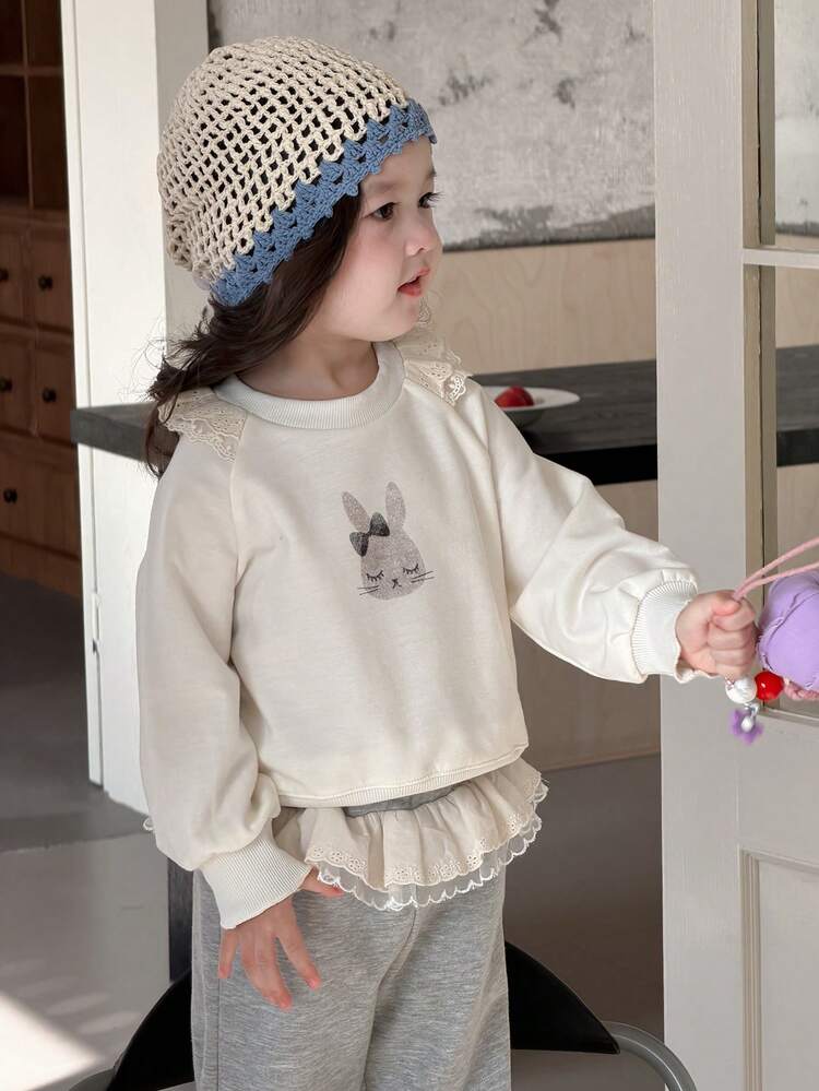 Baby Girl Casual Rabbit Print Ruffle Trim Sweatshirt, Autumn Spring Toddler Girls Clothes