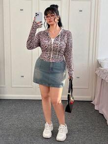 CovetEZ Chaqueta deportiva de talla grande con estampado de leopardo retro elástico y letra YK - Marrón - Ver 5