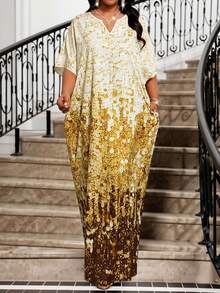 SHEIN Lady 大码时尚派对仿亮片印花连衣裙 - 金色 - 查看 3