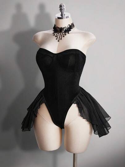 SHEIN ICON Plus Size Retro Y2K Velvet Sexy Strapless Ruffle Hem Bodysuit, Butterfly Angel, Sexy Date Outfit