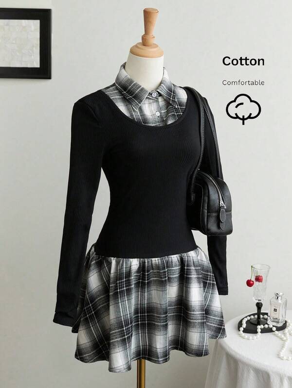 SHEIN Unity Women's Collared Black & White Plaid Office Dress.  Autumn. School Style. Back To School Essentials. Fall Cloth For Women