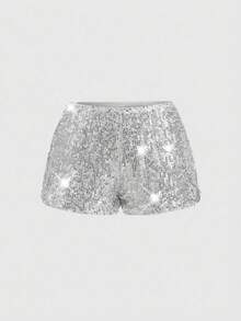 ROMWE Grunge Punk Quần short sequin bạc dự tiệc thời trang cỡ lớn - Bạc - Xem 1