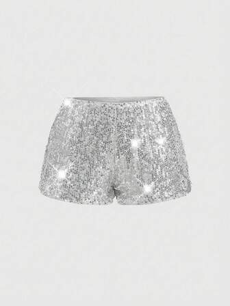 Grunge Punk Plus Size Fashionable Party Silver Sequin Shorts