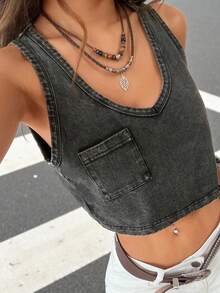 SHEIN EZwear Ladies' Short Knit Sweater Tank Top With Pocket - Black - View 3