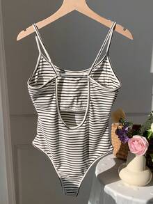 Comfortcana Ladies' Striped Printed Sleeveless Bodysuit For Summer - Black and White - View 5
