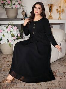 Modelyn Elegant Women's Black Long Sleeve Round Neck Plain Polyester Long Skirt Co-Ord Set With Contrast Mesh Detail Long Sleeve Elegant Dress - Black - View 7