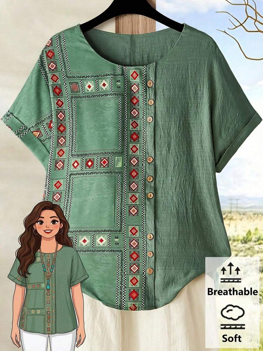Rusticease Plus Size Round Neck Batwing Sleeve Front Button Geometric Pattern Vacation Linen Blouse Country Spring For Women Summer For Women - Multicolor - View 1