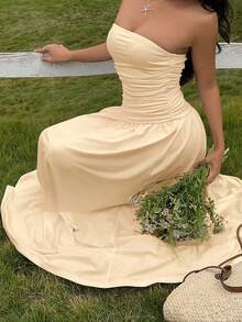 SHEIN EZwear 女士休闲卡其色长裙，适合夏季和情人节穿着 - 卡其色 - 查看 3