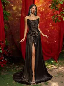 Glamrae Elegantes minimalistisches apokalyptisches vintage Satin plissiertes Meerjungfrau-Saum Abendkleid, geeignet für Festivals, Hochzeiten, Galas, Bankette, Geschäftsveranstaltungen und Konzerte - Kaffeebraun - Übersicht 4