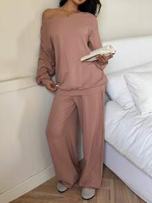 SHEIN EZwear 两件套咖啡棕色针织休闲女式上衣和裤子 - 咖啡棕 - 查看 5