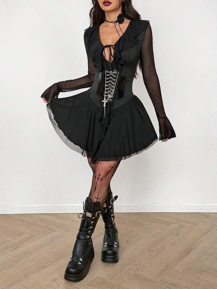 Coolane 女士春冬哥特风Y2K复古弹力荷叶边V领系带褶皱迷你优雅网纱黑色连衣裙 - 黑色 - 查看 1