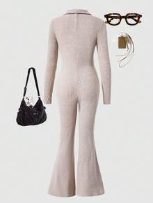 Sparklyn 少女灰色罗纹针织长袖连体裤，前开襟设计 - 卡其色 - 查看 2