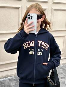 SHEIN Serisse Kids 少女休闲日常校服字母印花拉链卫衣，带口袋，保暖内衬，适合返校季秋冬季穿着 - 寶藍色 - 查看 5