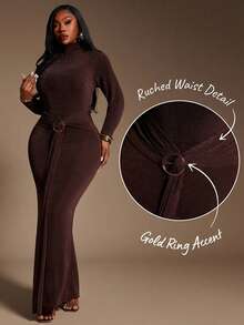 Radiana Váy ôm sát cổ cao tay dài, chất liệu vải bóng bóng, gợi cảm và thanh lịch dành cho nữ mùa thu/đông cỡ lớn, thiết kế thắt lưng khóa kim loại, phù hợp cho các dịp lễ, tụ họp, tiệc tùng, phong cách cổ điển, trang trọng - màu nâu - Xem 6