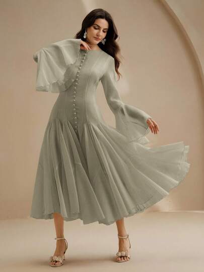 Anewsta 优雅乳白色长袖喇叭连衣裙，带纽扣喇叭袖