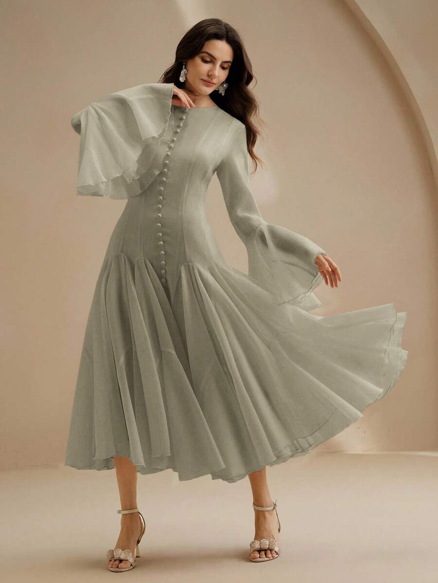 Anewsta 优雅乳白色长袖喇叭连衣裙，带纽扣喇叭袖 - 淡綠 - 查看 1
