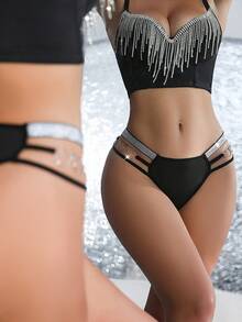 MidnightGlam 3pcs ,Comfortable & Glamorous Silver Ribbon Women's Thong Panties,Hollow Out Rhinestone Strappy Lingerie For Valentine's Day,Wedding,Black,Summer - Multicolor - View 6