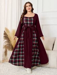 Lacomfia Plus Size Women Casual Knit Patchwork Plaid Waist Belt Dress - Burgundy - View 3
