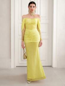 Elenzga Nuevo vestido largo elegante para mujer, vestido de noche ajustado y sexy con diseño calado, vestido de fiesta de manga larga fruncido de moda - Amarillo - Ver 5