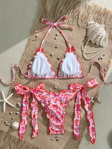 Swim Mod Bộ 2 món, họa tiết đại dương ngẫu nhiên, áo ngực tam giác viền bèo nhún và quần bơi buộc dây bên hông, bộ bikini gợi cảm cho kỳ nghỉ xuân/hè, bộ bikini đi biển hai mảnh, bộ bikini buộc dây, bộ bikini bèo nhún, bộ bikini màu hồng rực rỡ, bộ đồ bơi kiểu miền Tây cho nữ, bikini kiểu miền Tây, bikini hoa, bikini đầu lâu - Nhiều màu - Xem 2