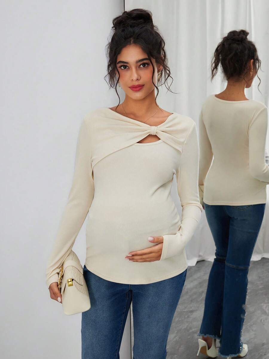SHEIN Áo cho con bú cổ lệch màu trơn thanh lịch dành cho phụ nữ mang thai - Màu be - Xem 1