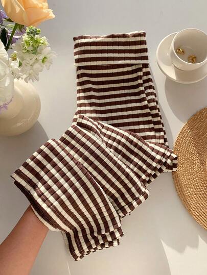 SHEIN EZwear 女式休闲条纹翻边腰直筒裤，夏季