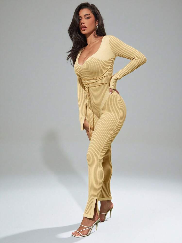 Denimoi Low Neckline Corseted Waist Knit Jumpsuit | SHEIN USA