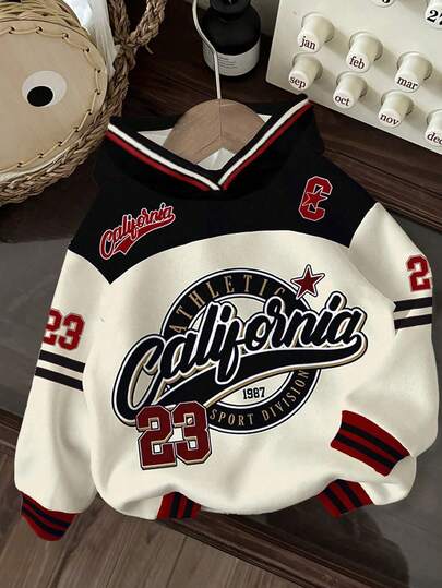 Sudadera holgada y cómoda con bloque de color y letras en inglés, estilo streetwear Y2K, adecuada para otoño/invierno, para niño preadolescente