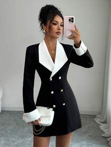 SHEIN PETITE 极简主义高端黑白撞色编织长袖开襟双排扣短款连衣裙，适合正式晚宴、朋友聚会和晚间约会。 - 黑與白 - 查看 4