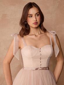 Enchnt Đầm Maxi Maxi Thanh Lịch Thiết Kế Nút Lưới Viền Trơn Màu Trơn Cho Nữ - Rượu sâm banh - Xem 2