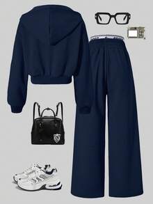 Sparklyn 2件套女童连帽拉链外套短款上衣和宽松弹力腰阔腿休闲裤套装，秋季