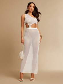 Silquee Women's White Crochet Dress,Pearl Tassel Summer Beach Cover-Up,Casual Holiday Party Vacation Cutout Asymmetrical One-Shoulder Sleeveless Gown - White - View 4